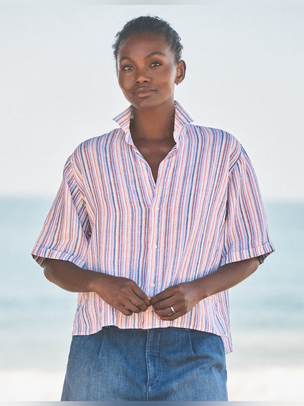 FRANK & EILEEN rosie short sleeve shirt linen in multi stripe size medium